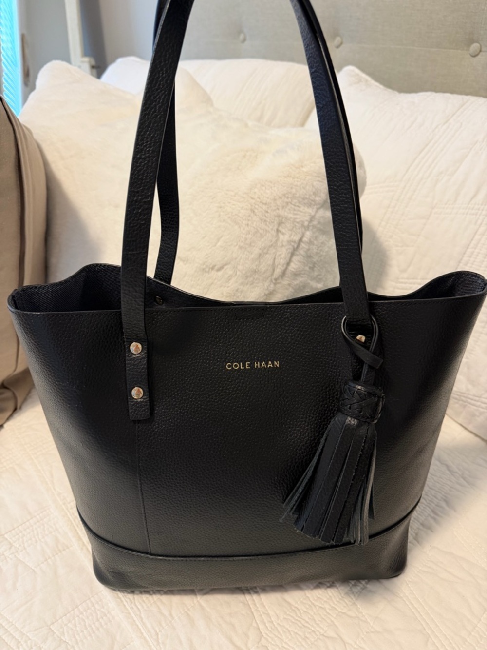 Cole Haan Vintage Black Textured Leather Tassel Shoulder Tote 10x11